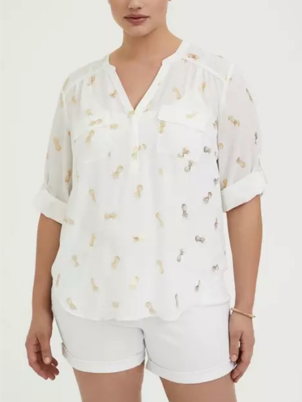 torrid White Sheer V-Neck Blouse with Gold Pineapple Embellishments